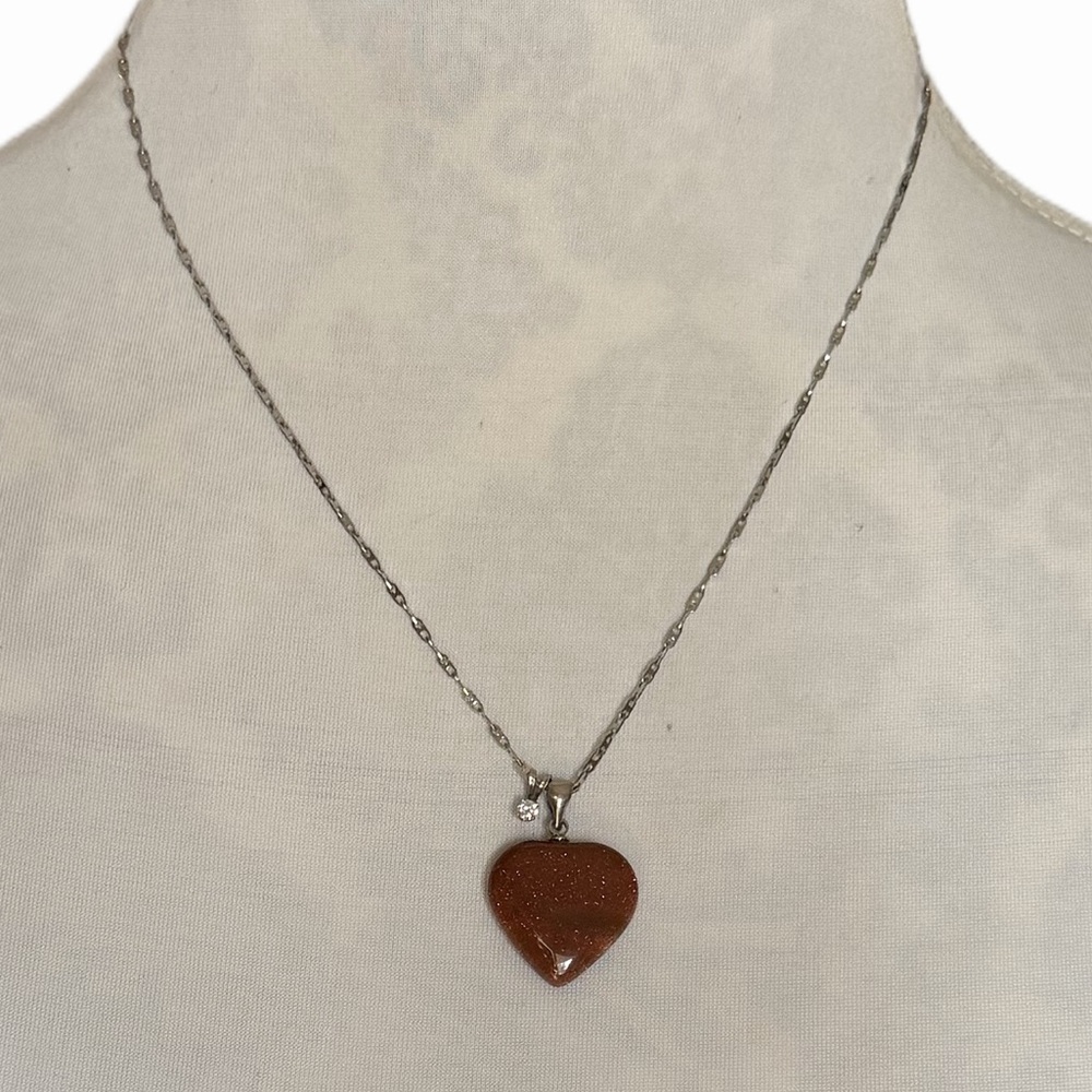 Goldstone Heart Pendant Necklace | Dainty Sparkle Stone | Silver Tone Chain